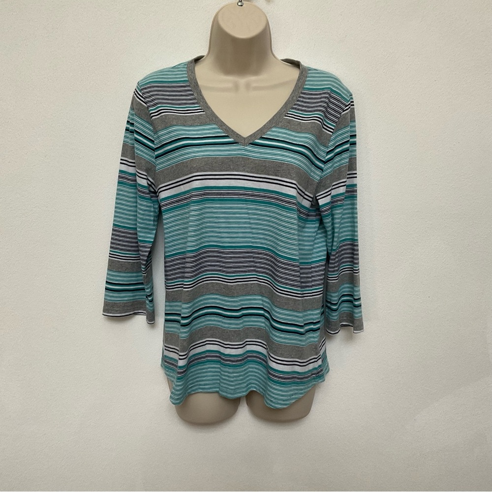 Basic Editions Teal, Black, White, Grey Striped V-Neck 3/4 Sleeve Top Size M